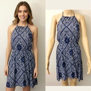 Vintage Halter Sexy Blue Floral Pattern Artsy High Low Mini Dress. Small-Medium